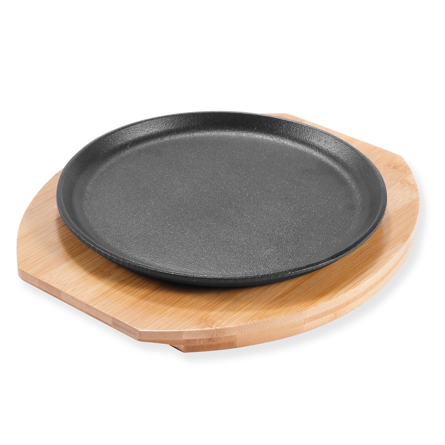 Shallow Round Cast Iron Sizzler Plate with Bamboo Base product image