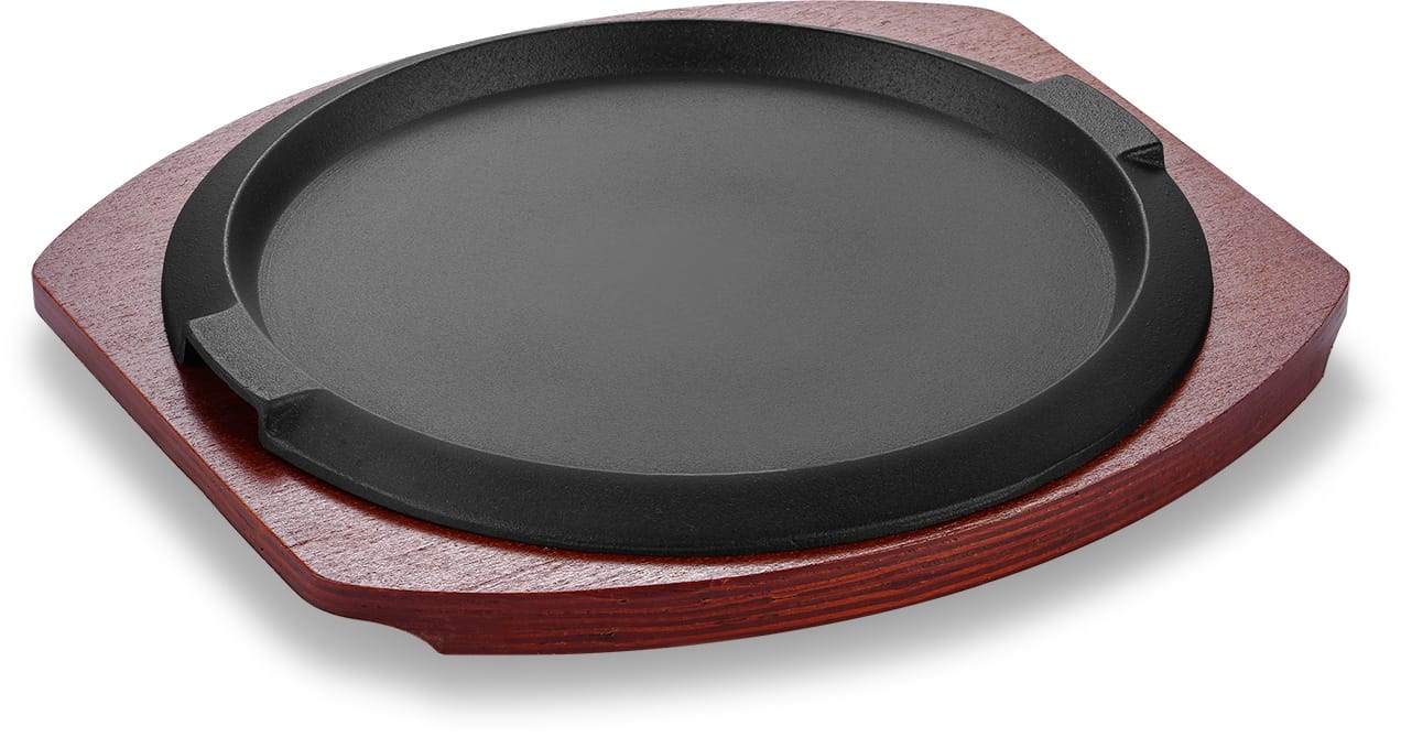 Export-Style Round Cast Iron Sizzler Plate with Wood Base product image