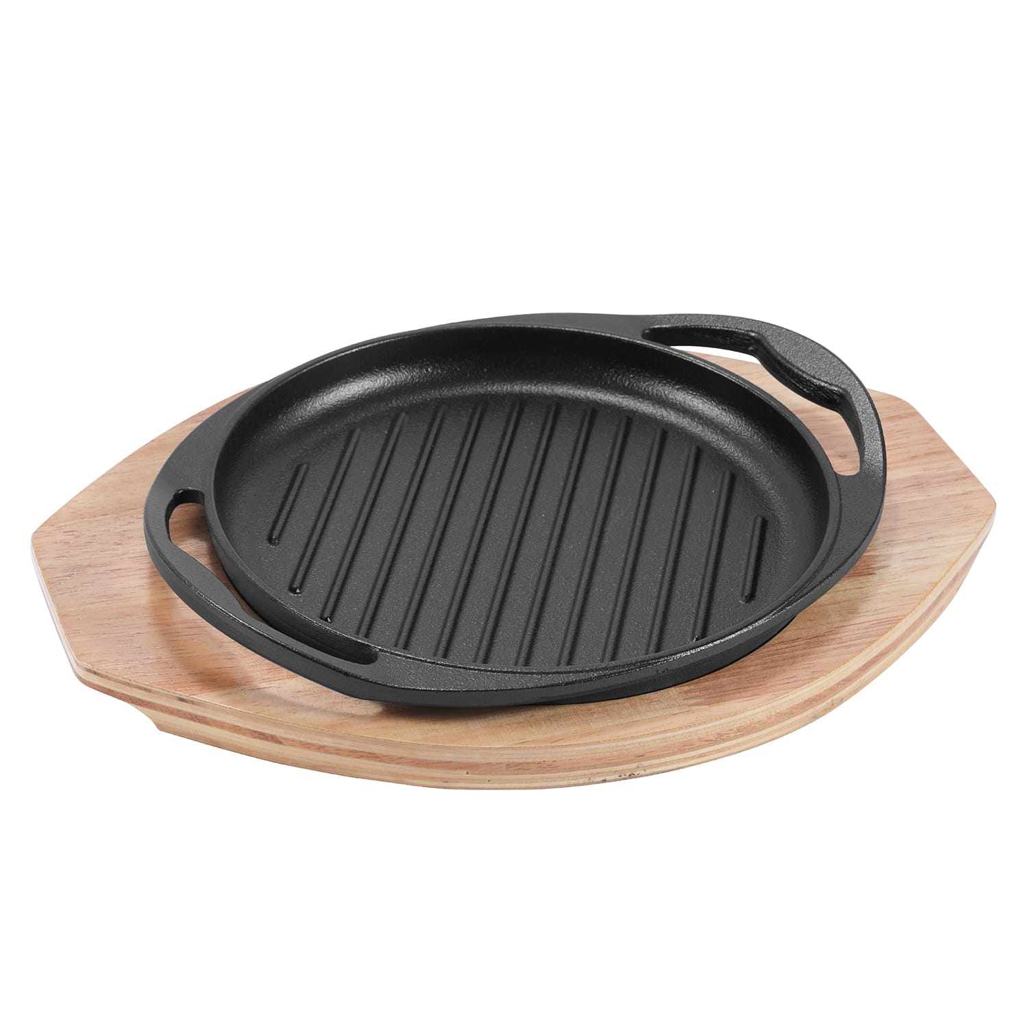Round Double-Handle Cast Iron Sizzler Plate with Oak Base product image