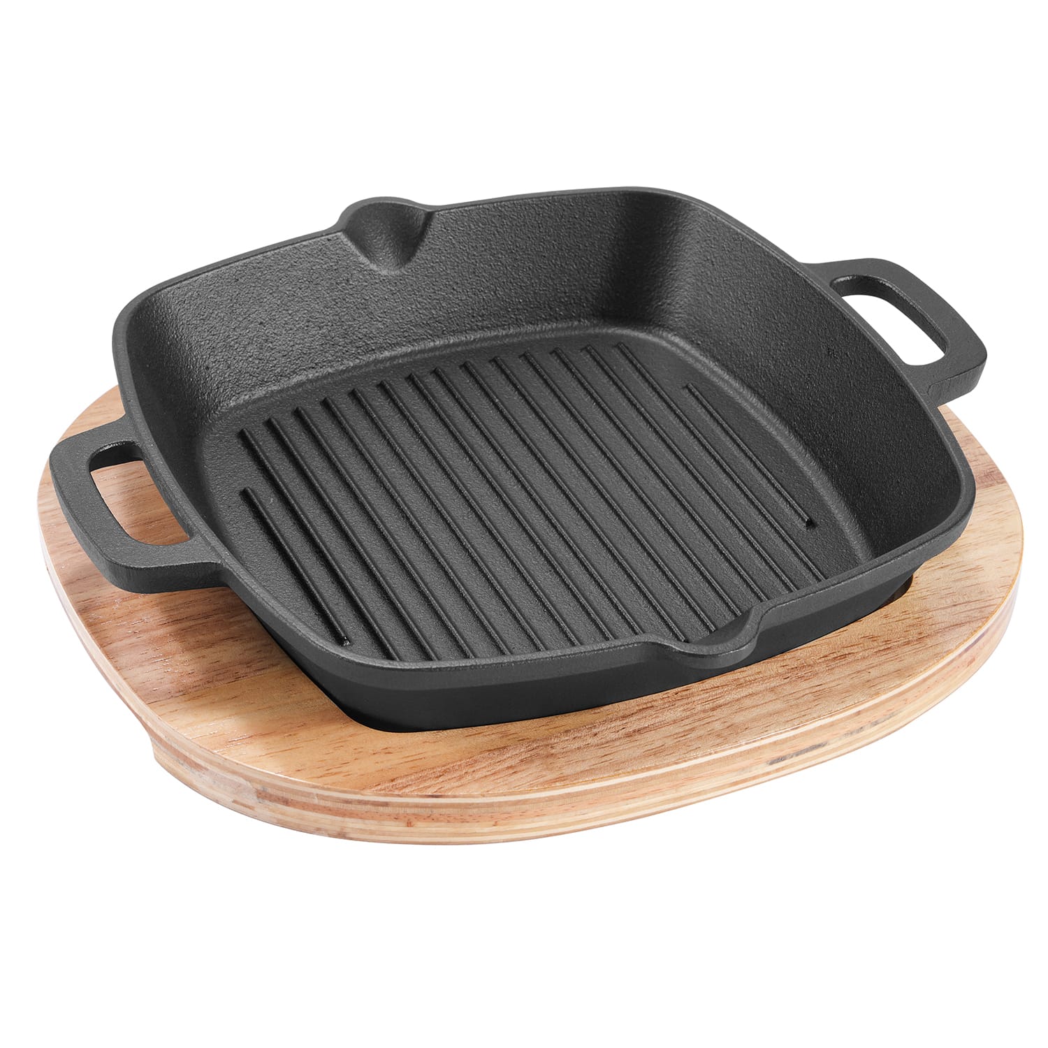 Square Double-Handle Cast Iron Sizzler Plate with Oak Base product image