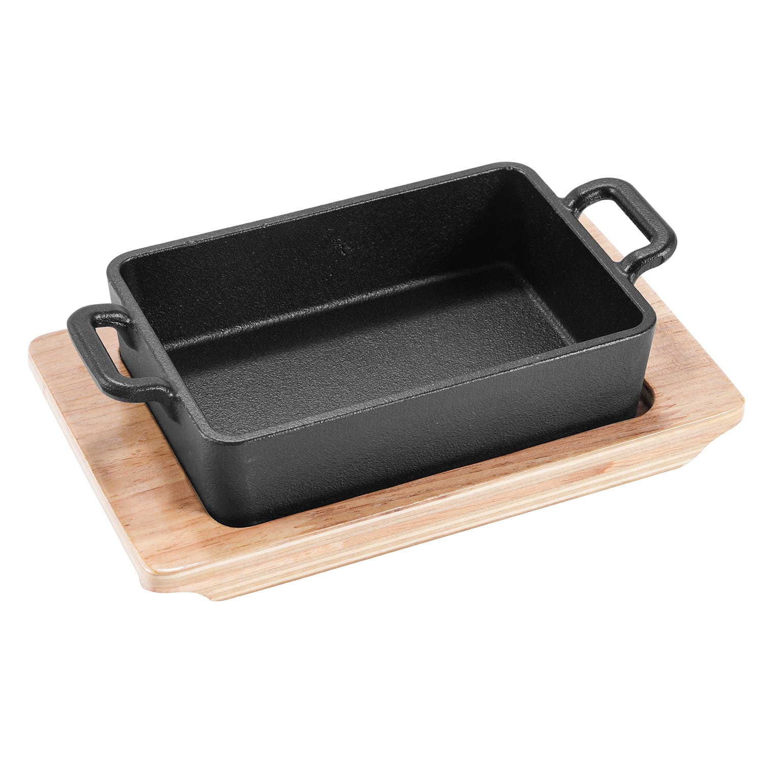 Double-Handle Square Cast Iron Sizzler Plate with Oak Base product image