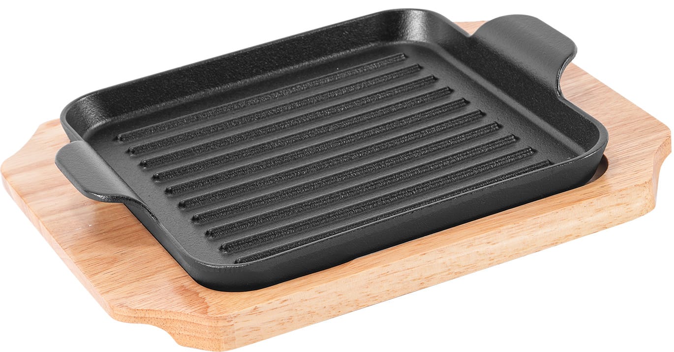 Square Double-Handle Ribbed Cast Iron Grill Plate with Oak Base product image