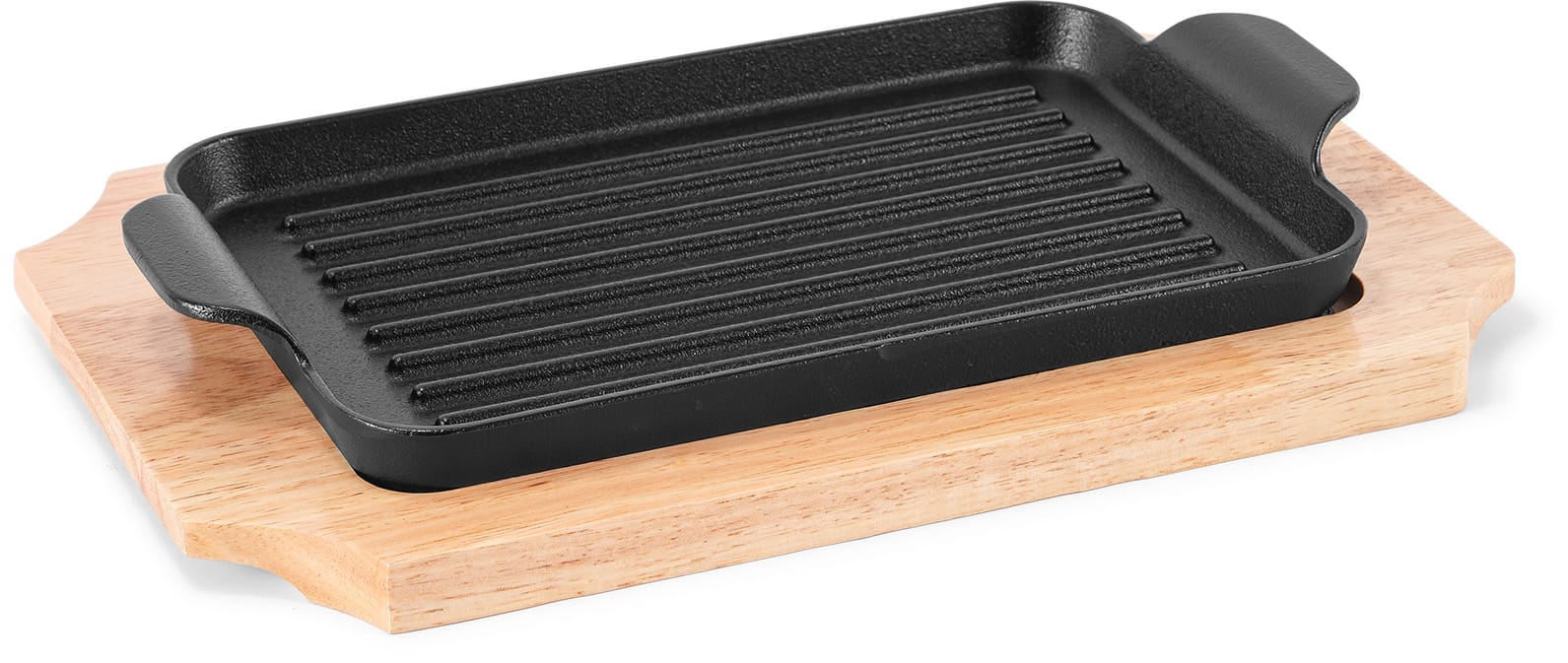 Rectangular Double-Handle Ribbed Cast Iron Sizzler Plate with Oak Base product image