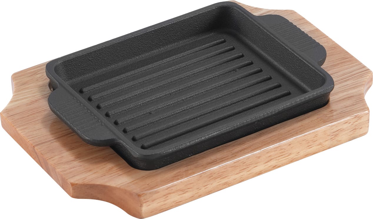 Ribbed Square Cast Iron Sizzler Plate with Oak Base product image