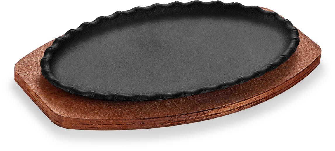 Oval Cast Iron Sizzler Plate with Bamboo Base product image