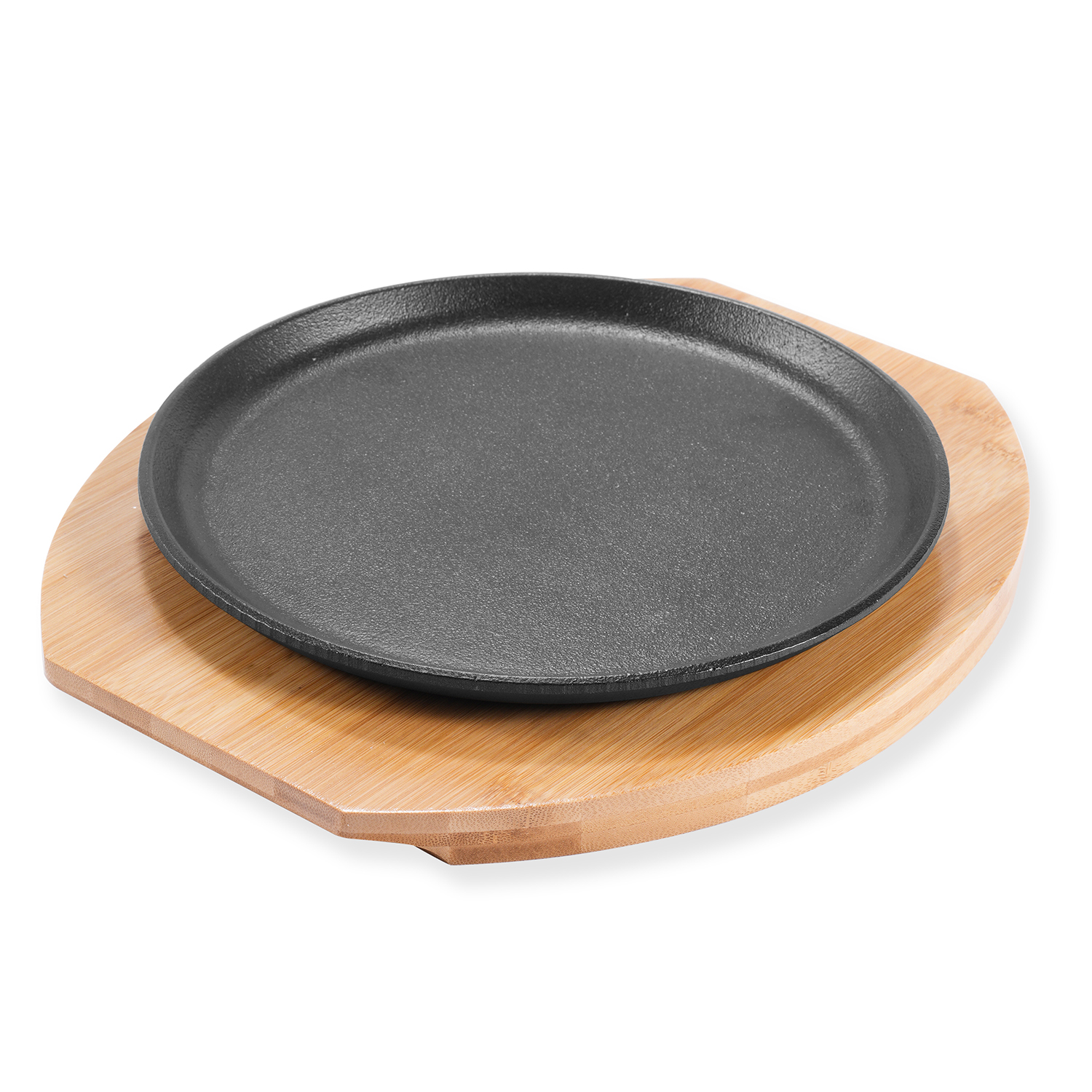 Shallow Round Cast Iron Sizzler Plate with Bamboo Base product image
