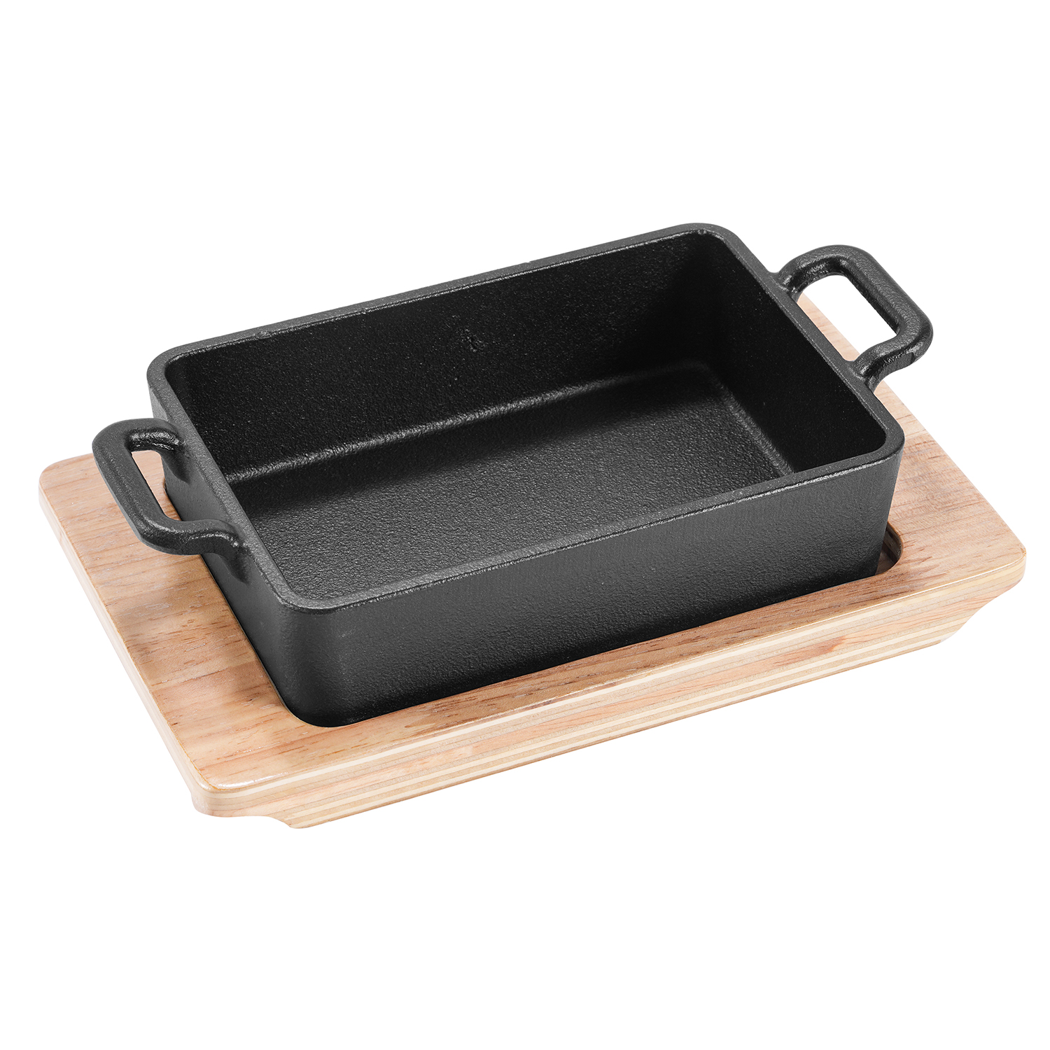 Double-Handle Square Cast Iron Sizzler Plate with Oak Base product image